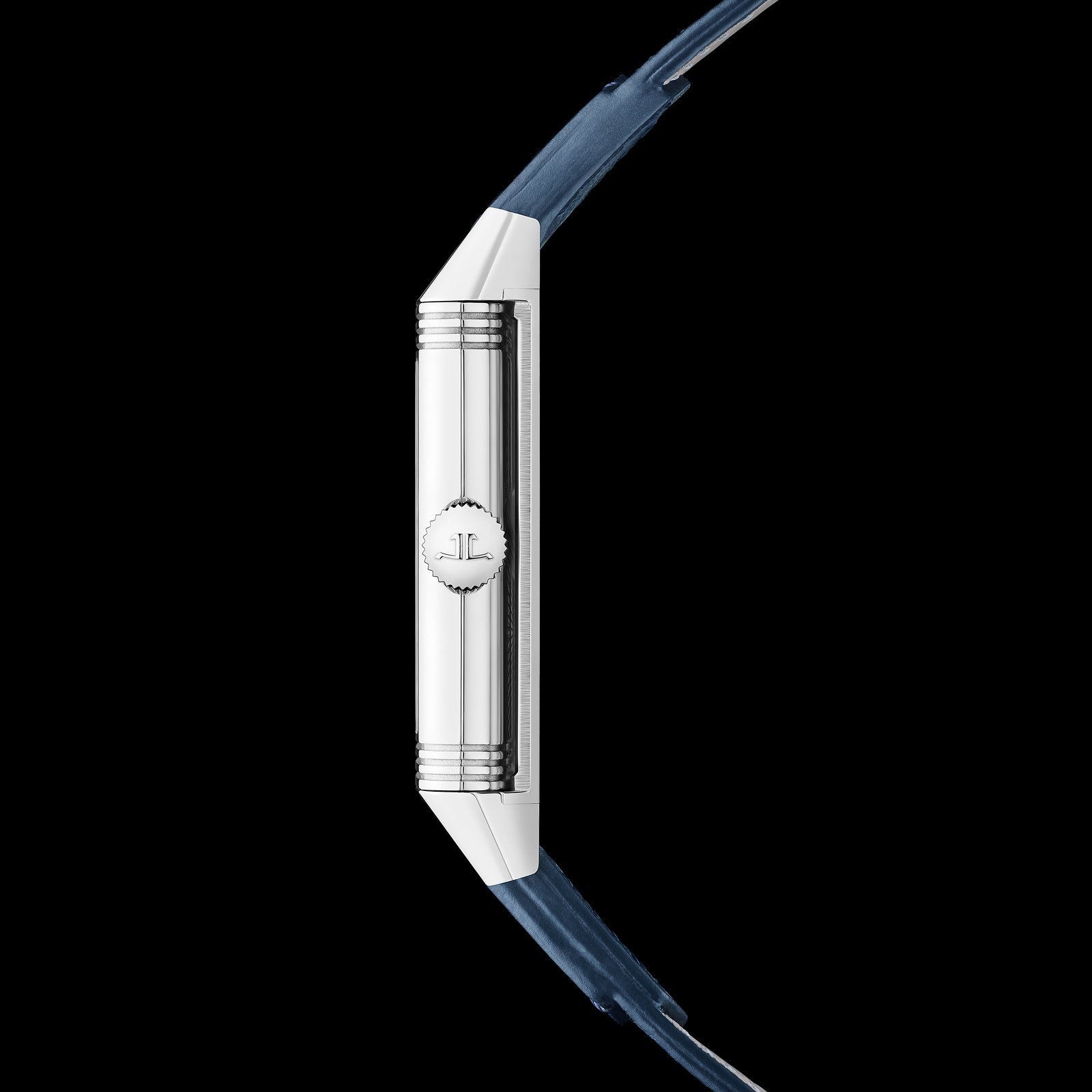Side view of the Jaeger-LeCoultre Reverso Tribute Monoface Q716848J showing its steel case, crown, reversible cradle and blue strap.